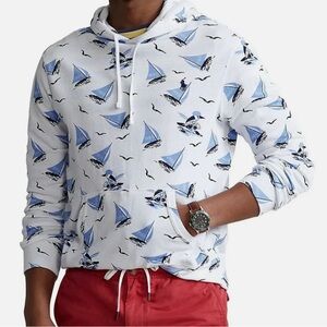 Polo Ralph Lauren Hoodie Men's XL White Sailboat Polo Bear Print Terry Cotton